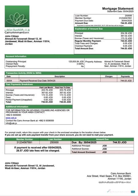 Download Jordan Cairo Amman Bank mortgage statement Word and PDF template Photoshop template
